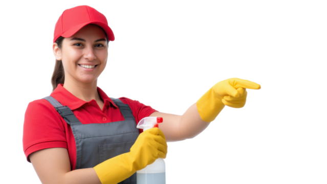 Happy smiling professional woman cleaner in red uniform and yellow glove holding spray bottle and pointing. This janitorial service worker looks confident for house cleaning