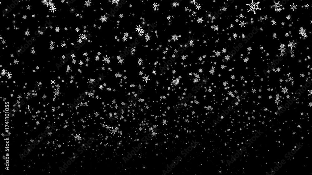 Poster beautiful loop falling moving white snowflakes particles animaiton on black abstract background.