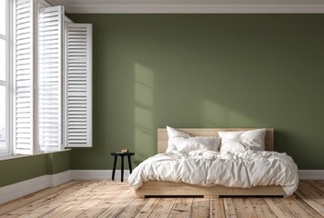 Modern bedroom with wooden bed, white bedding, shutters, and olive green wall