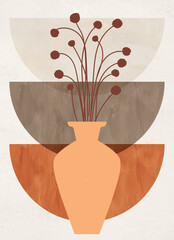 abstract wall art featuring a terracotta vase with tall botanical stems arranged over stacked geometric half-circles in warm earthy tones.