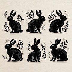 charming hares sitting among sprigs and dots linocut style graphic design texture background
