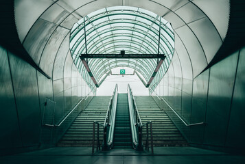 Hradčanská subway stations in Prague, Czechia. Empty entrance during weekend morning. 