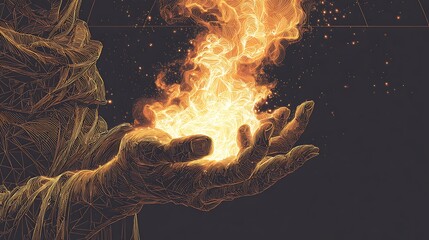 symbolic image of divine power creation or a wizard casting a fire spell