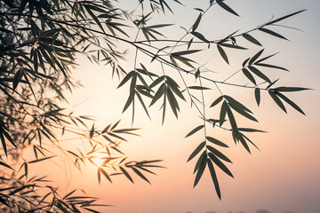 Soft Bamboo Leaves Silhouette &ndash; Minimal Bamboo Leaf Overlay on Gradient Background, Airy and Modern