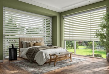 Bedroom features bed with layered window shades, bench, rug, green walls, and view