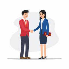 Fototapeta premium Illustration of a man and woman in business attire shaking hands with a simple gray background.