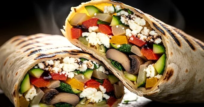 Freshly made vegetable wrap with colorful ingredients on a rustic table