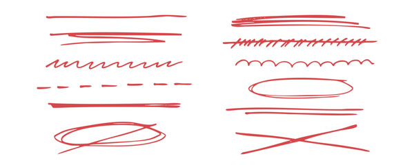 Collection of red marker lines for underlining and highlighting text. Hand drawn texture scribble pen stroke. Curved doodles for design sketch, banner, collage and note.