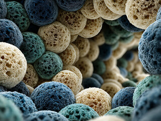 abstract scientific background showing textured blue teal and beige spheres in close up