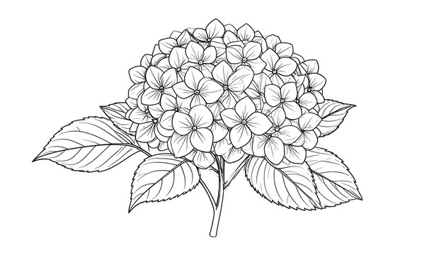 Hydrangea flower drawing in black and white, botanical line art illustration