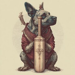 artistic drawing showcasing a sitting dog wearing a regal red garment and holding a beautifully carved sports bat