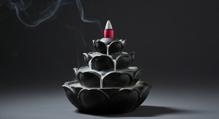 Black Ceramic Tiered Lotus Incense Burner with Burning Red Cone Releasing Smoke Tendrils Against Dark Background Zen Minimalist Home Fragrance Accessory for Meditation Relaxation Yoga Practice and Min