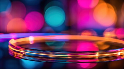 Vibrant circular light trails creating a colorful bokeh effect in an abstract urban nightlife setting