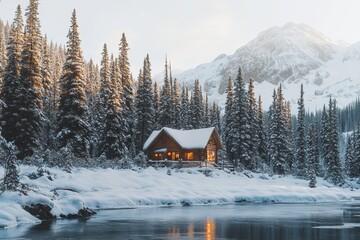 Cozy cabin in snowy mountain landscape at sunrise