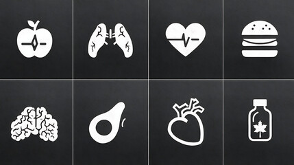 minimalist health related symbols including an apple lungs heart brain and avocado for health information