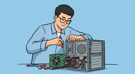 Computer Repair Technician Fixing a PC Tower Unit with Screwdriver