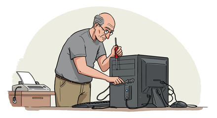 Senior Man Repairing a Desktop Computer with a Screwdriver