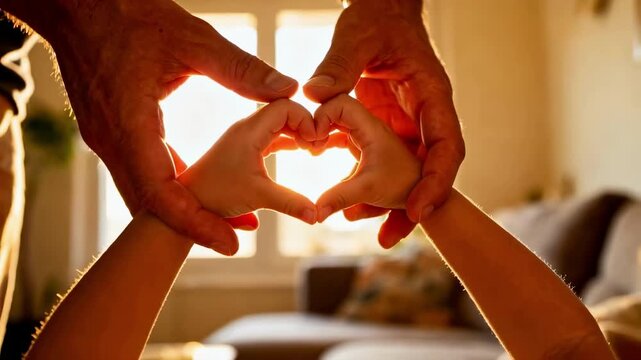 An adult and child's hands join to form a heart shape against a warm, sunny background, symbolizing family love, parental care, generational connection, support and togetherness