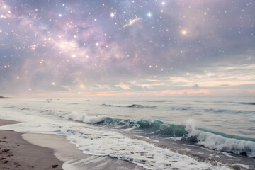 Obraz premium Minimal Space Background – Floating Stardust and Soft Glowing Nebula in Muted Cosmic Colors, Calm and Versatile