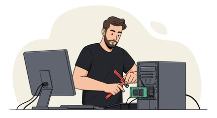 Professional IT support engineer troubleshooting and upgrading personal computer hardware components