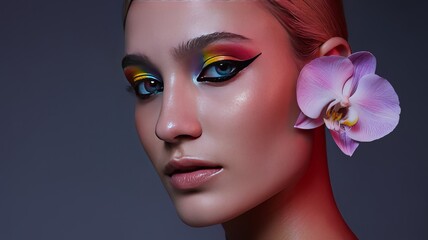 Elegant Beauty Portrait of a Woman with Vibrant Artistic Eye Makeup, Orchid Flower Accessory, and Glossy Skin Under Studio Lighting