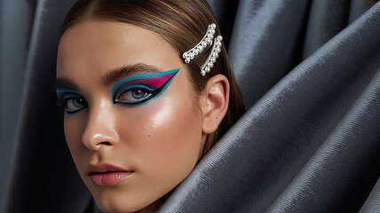 Close-Up Fashion Portrait Featuring Colorful Rainbow Eyeshadow and Dramatic Eyeliner with a Soft Orchid Flower Behind the Ear