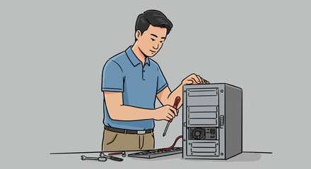 Man repairing a computer with a screwdriver