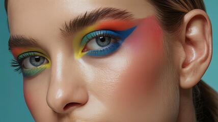 Creative Makeup Concept with Bright Multicolor Eyeshadow, Winged Eyeliner, and Pink Orchid Highlighting a Modern Beauty Look