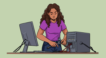 Young woman repairing a computer with tools