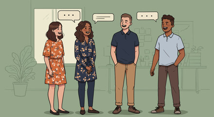 Diverse Group of Friends Engaging in Conversation with Speech Bubbles
