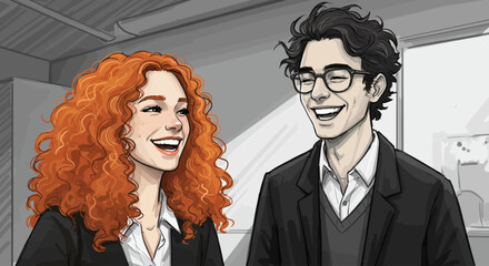 Happy colleagues laughing together in a friendly office environment