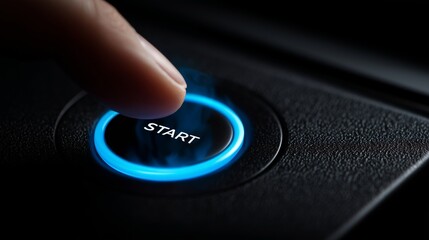 Close-up of finger pressing illuminated start button on modern electronic device interface