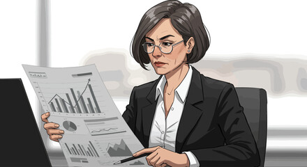 Focused Businesswoman Analyzing Financial Reports and Statistics
