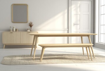 A sunlit, minimalist dining area featuring a wooden table, bench, and sideboard
