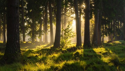 Obraz premium Lush Forest Scene with Sunlight Streaming Through the Trees and Green Grass