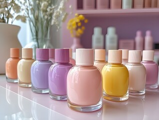 colorful pastel perfume bottles beauty product display cosmetic fragrance collection pink purple yellow elegant studio