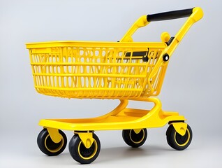 bright yellow shopping cart with black wheels on white studio background modern retail concept