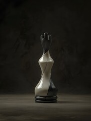 elegant twisted black and white chess queen piece sculpture on dark background strategic game art