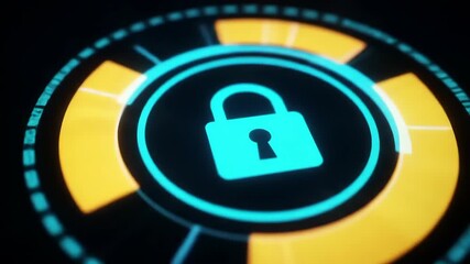 Digital security concept with a glowing blue padlock icon inside a futuristic circular interface, symbolizing data protection and cybersecurity - Powered by Adobe