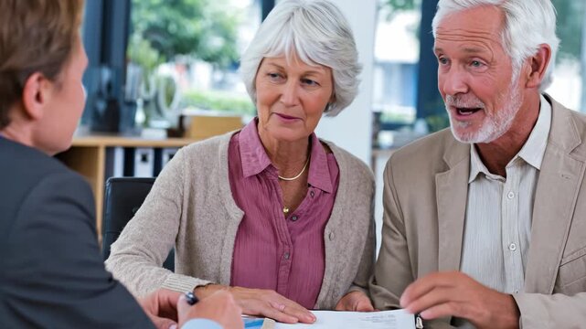 A real estate agent helps a senior couple sign documents for their new home, symbolizing trust, care, and successful partnership.
