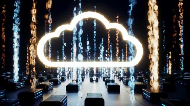 Digital cloud computing concept with glowing neon outline and falling binary code in a futuristic server room with rows of computers