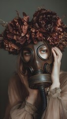 woman wearing gas mask with dried flowers creative portrait conceptual environmental art photography dark moody aesthetic vintage style