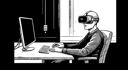 Virtual Reality User at Computer Immersive Experience