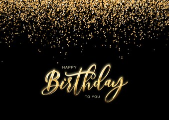 Elegant birthday greeting card with golden glitter and cursive text on a black background.