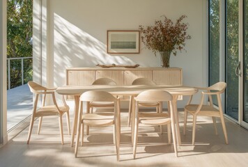 Light-filled dining room with wooden table and chairs, cabinet, and floral arrangement