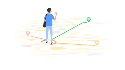 Concept of carsharing services. Man Using Car Sharing or Ride Hailing App on City Map. Vector illustration