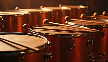 Close-up of Warm-toned Drums with Drumsticks for Music Blogs, Instrument Tutorials, Concert Promotions, and Audio Production Websites