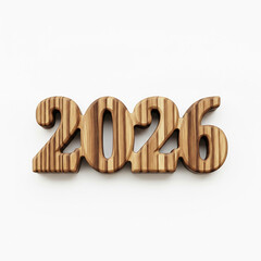 The year 2026 crafted from natural striped wood with a distinct grain texture, isolated on a white background for a clean new year concept