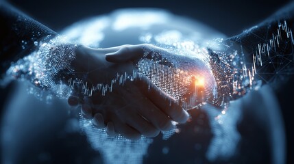 Global partnership handshake symbolizes collaboration over digital market connections and networking trends in real time