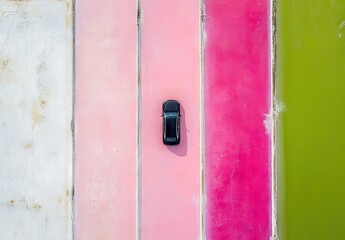 An aerial view of a black car on a narrow white road flanked by colorful pink and green water pools, creating a surreal landscape.